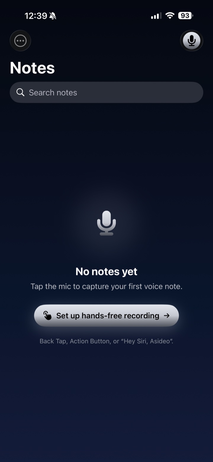 Asideo app on iPhone — hands-free voice notes with AI-formatted summaries